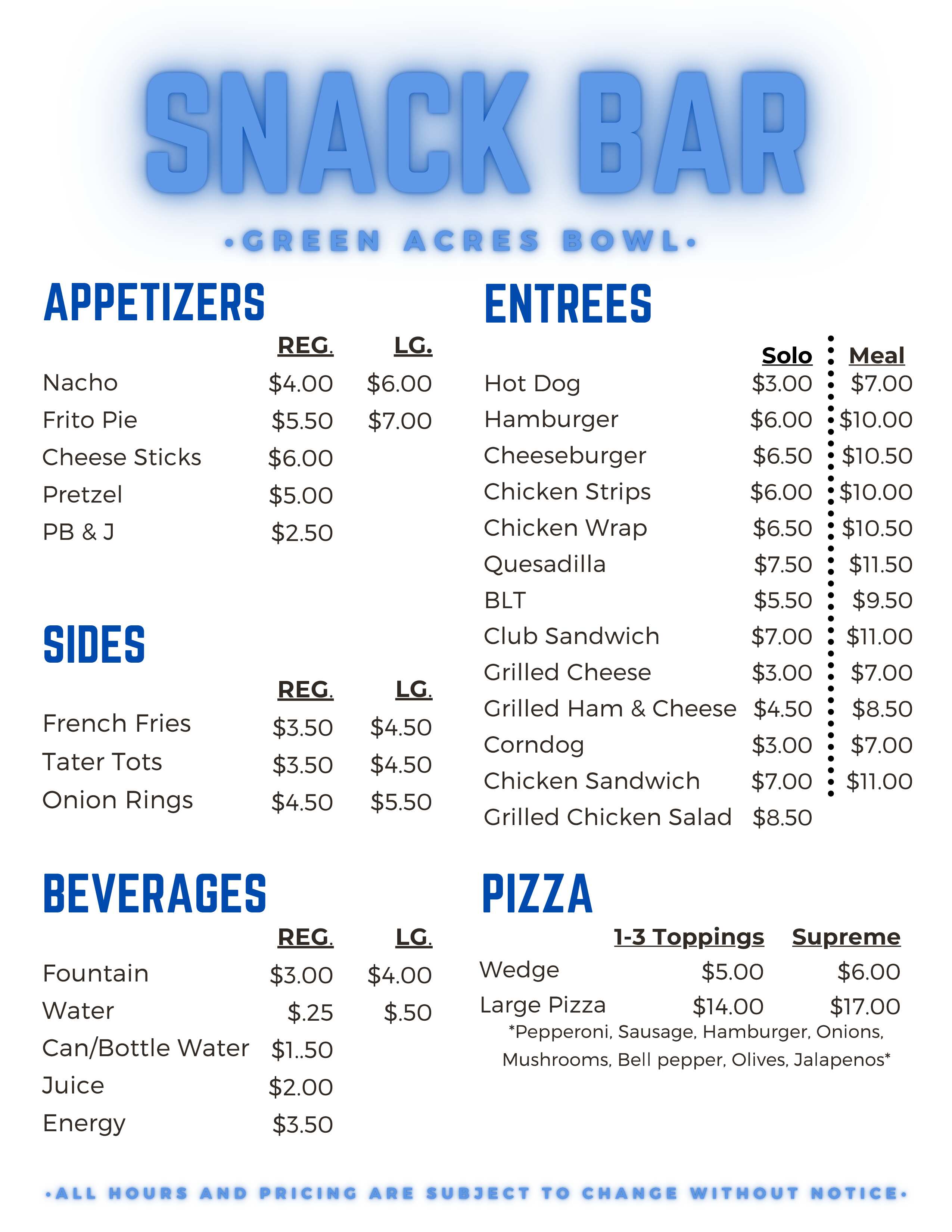 Snack Bar Menu | Green Acres Bowl